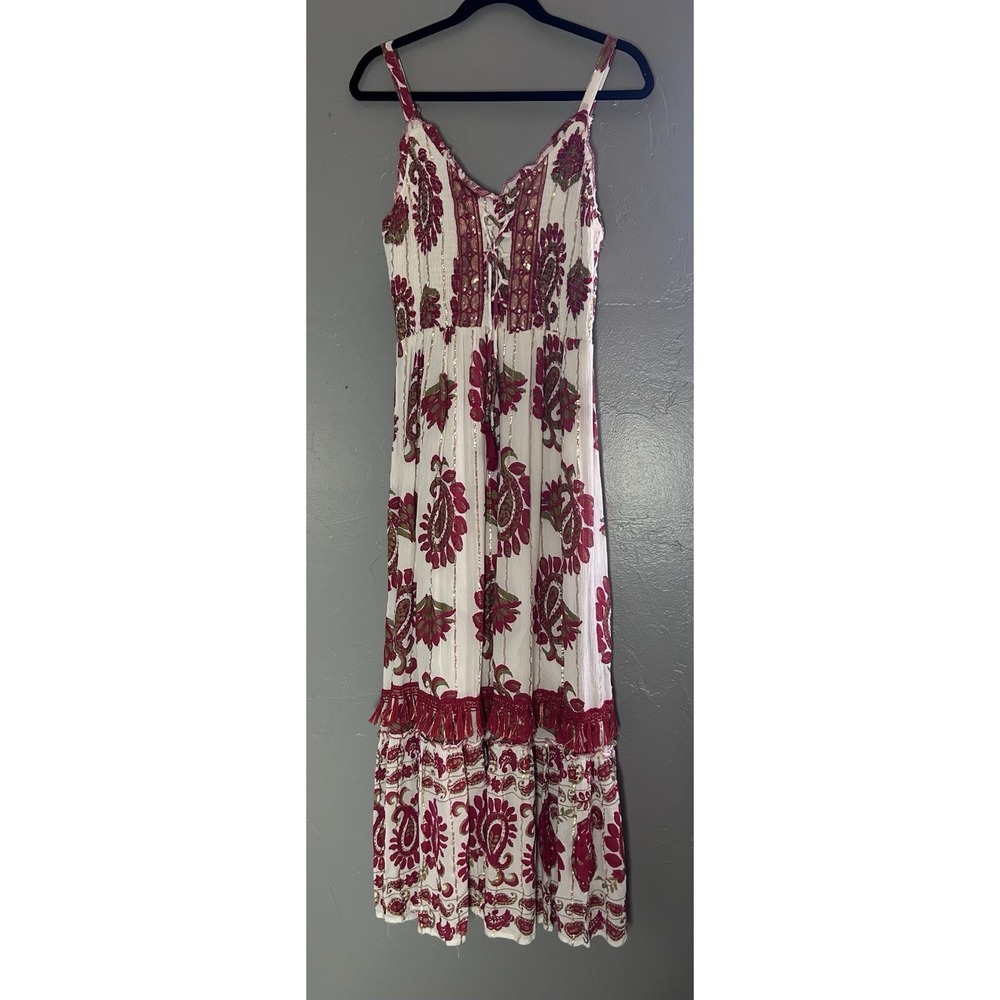 Women's Me 2 Magic Maxi Sleeveless Dress Boho Print Tassels Red W/gold Threads L